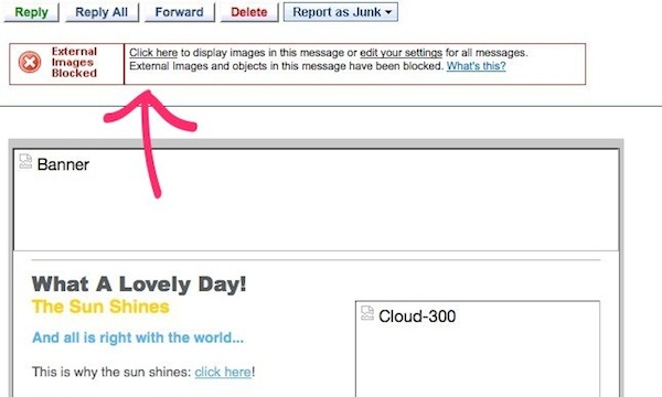Juno If images aren't loading in Juno, click the link in the 'external images blocked' message at the top of the email