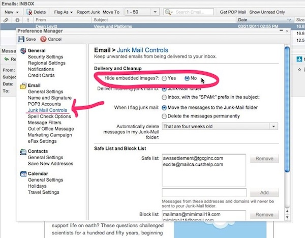 Excite Excite Mail has a two step process, click on Junk mail controls, then